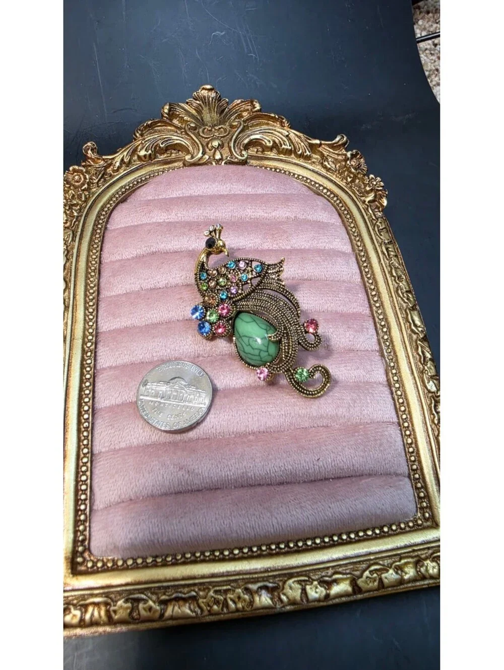Vintage Style Peacock Brooch with Multicolor Stones and Green Centerpiece